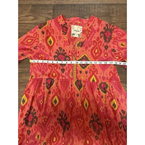 LULALIFE Lula Life Long Sleeve V-neck Abstract Aztec Cotton Midi Dress Sz Small - Picture 8 of 9